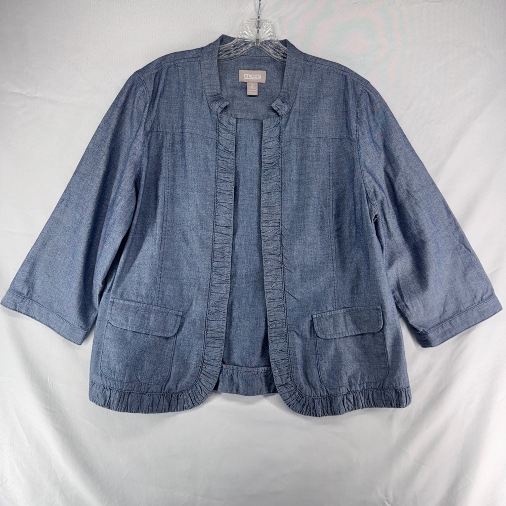 Chico's Ruffle Trim Open Front Jacket Womens 2 Blue Cotton Chambray Coastal 805